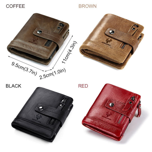 New Leather Wallet – Crazy Horse Leather Zipper Buckle, Multifunctional Clutch, Top Layer Cowhide, Retro Style, Available in Red, Black, Coffee, Brown