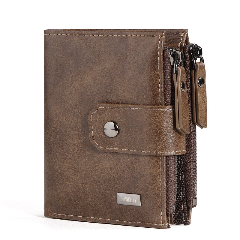 Anti-Theft Brush Business Leather Wallet – Thin, Short PU Leather, Retro Style, Multi-Function with Concealed Compartments & Rivets