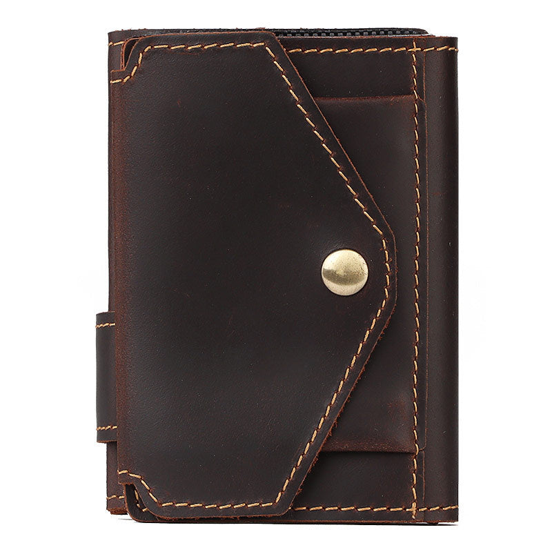 Retro Crazy Horse Leather RFID Card Sleeve – Vintage Automatic Pop-Up Credit/ID Holder, Slim Anti-Theft Wallet, Unisex