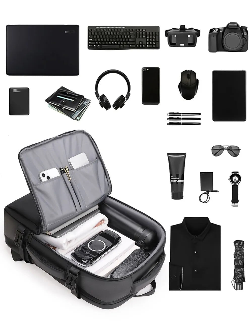 Multi‑Pocket Nylon Travel Backpack with Adjustable Padded Straps – 15″ Laptop Sleeve, Zippered Compartments, Water‑Resistant & Unisex