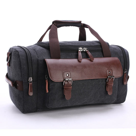 Vintage PU Leather & Canvas Duffle Bag – Large Capacity Travel Tote (46 × 25 × 23 cm), Zipper Closure