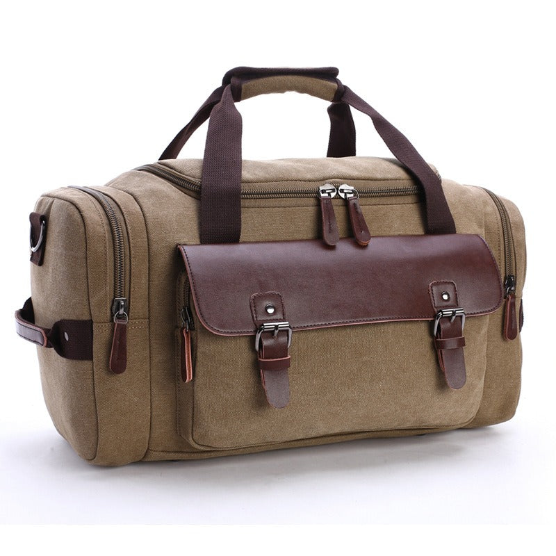 Vintage PU Leather & Canvas Duffle Bag – Large Capacity Travel Tote (46 × 25 × 23 cm), Zipper Closure