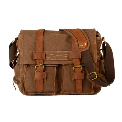 Men's Vintage Military-Style Canvas Messenger Bag – Durable Cotton Canvas, Leather Accents, Adjustable Crossbody Strap, 33×27×7 cm