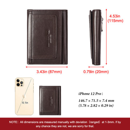 RFID‑Blocking Cowhide Leather Zipper Wallet – Multi‑Card Coin & Passport Organizer