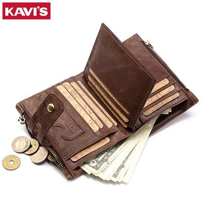 Leather Wallet KAVIS Fashion Short Men – Top Layer Cowhide, Zipper Buckle, 2-Fold Wallet, Retro Style, Available in Coffee Color