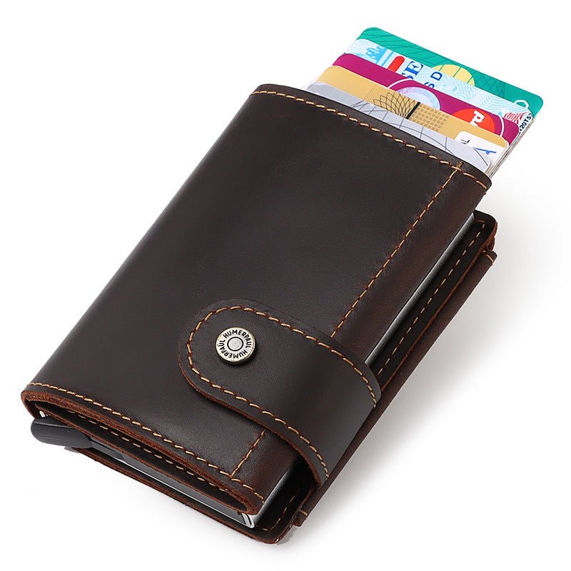 Retro Crazy Horse Leather RFID Card Sleeve – Vintage Automatic Pop-Up Credit/ID Holder, Slim Anti-Theft Wallet, Unisex