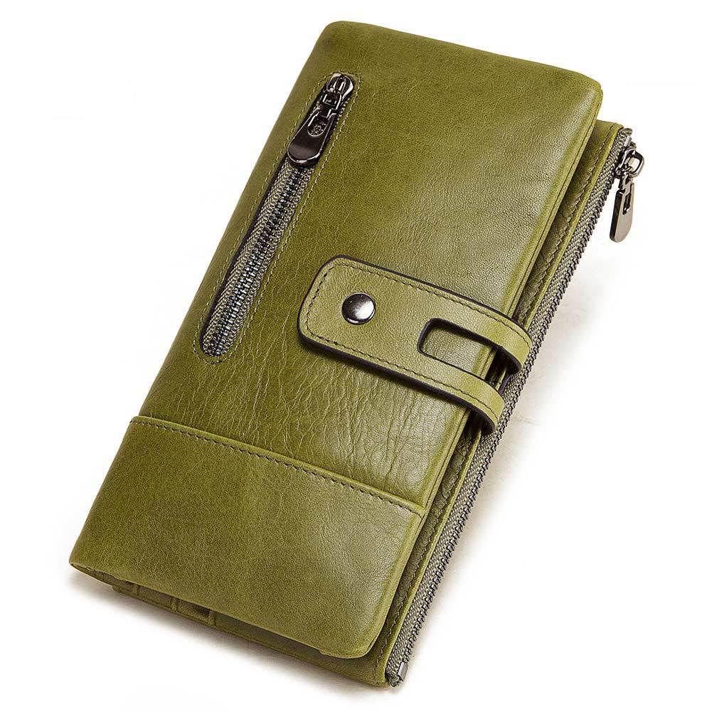 Fashion Ladies Wallet – First Layer Leather, Casual Long Phone Bag, Zipper Buckle, Multiple Compartments, Available in Red, Green, Black