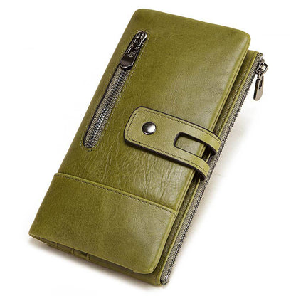 Fashion Ladies Wallet – First Layer Leather, Casual Long Phone Bag, Zipper Buckle, Multiple Compartments, Available in Red, Green, Black