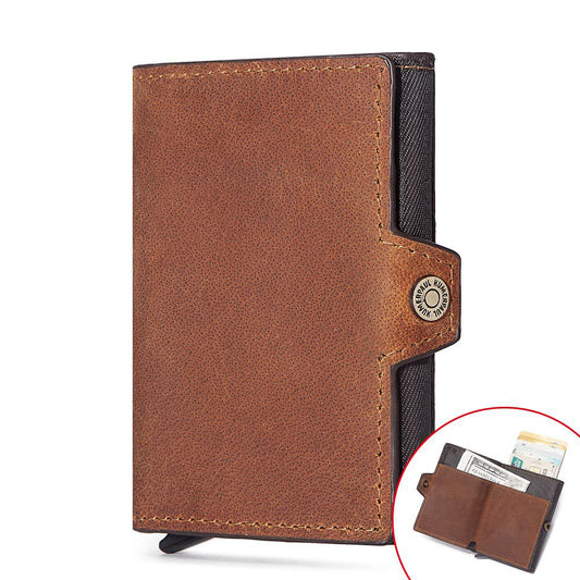 Leather Men Card Sleeve – Premium Cowhide Leather, Zipper Buckle, Multi-Compartment Wallet, Black, Coffee, Brown, Practical & Stylish