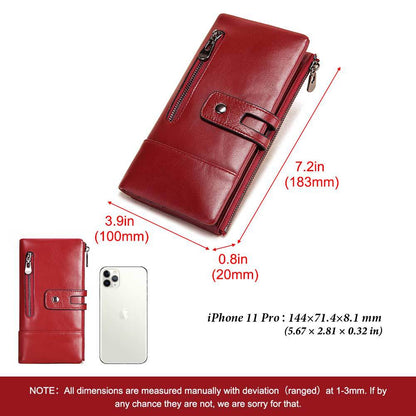 Fashion Ladies Wallet – First Layer Leather, Casual Long Phone Bag, Zipper Buckle, Multiple Compartments, Available in Red, Green, Black