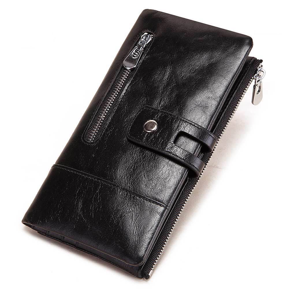 Fashion Ladies Wallet – First Layer Leather, Casual Long Phone Bag, Zipper Buckle, Multiple Compartments, Available in Red, Green, Black