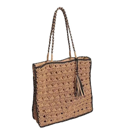 Square Tassel Single Shoulder Grass Woven Bag – Handmade Paper Rope, Casual Women’s Zipper Closure, Stylish and Fresh Design