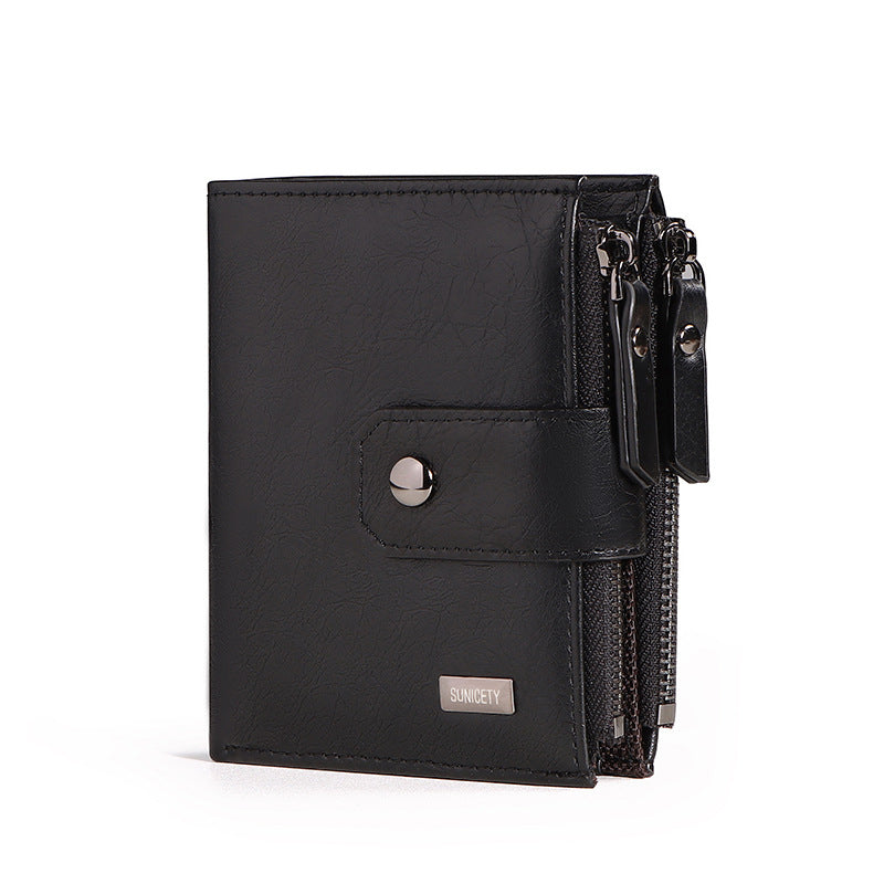 Anti-Theft Brush Business Leather Wallet – Thin, Short PU Leather, Retro Style, Multi-Function with Concealed Compartments & Rivets