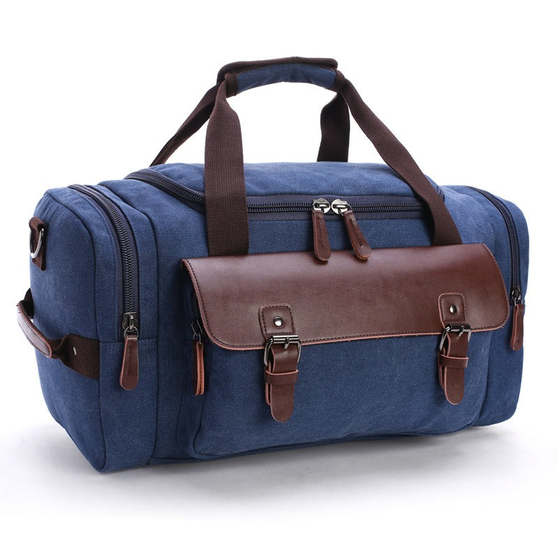 Vintage PU Leather & Canvas Duffle Bag – Large Capacity Travel Tote (46 × 25 × 23 cm), Zipper Closure