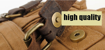 Men's Vintage Military-Style Canvas Messenger Bag – Durable Cotton Canvas, Leather Accents, Adjustable Crossbody Strap, 33×27×7 cm