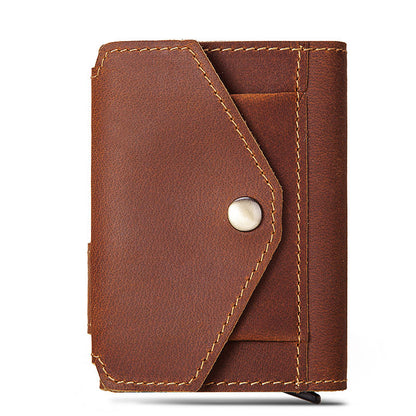 Retro Crazy Horse Leather RFID Card Sleeve – Vintage Automatic Pop-Up Credit/ID Holder, Slim Anti-Theft Wallet, Unisex
