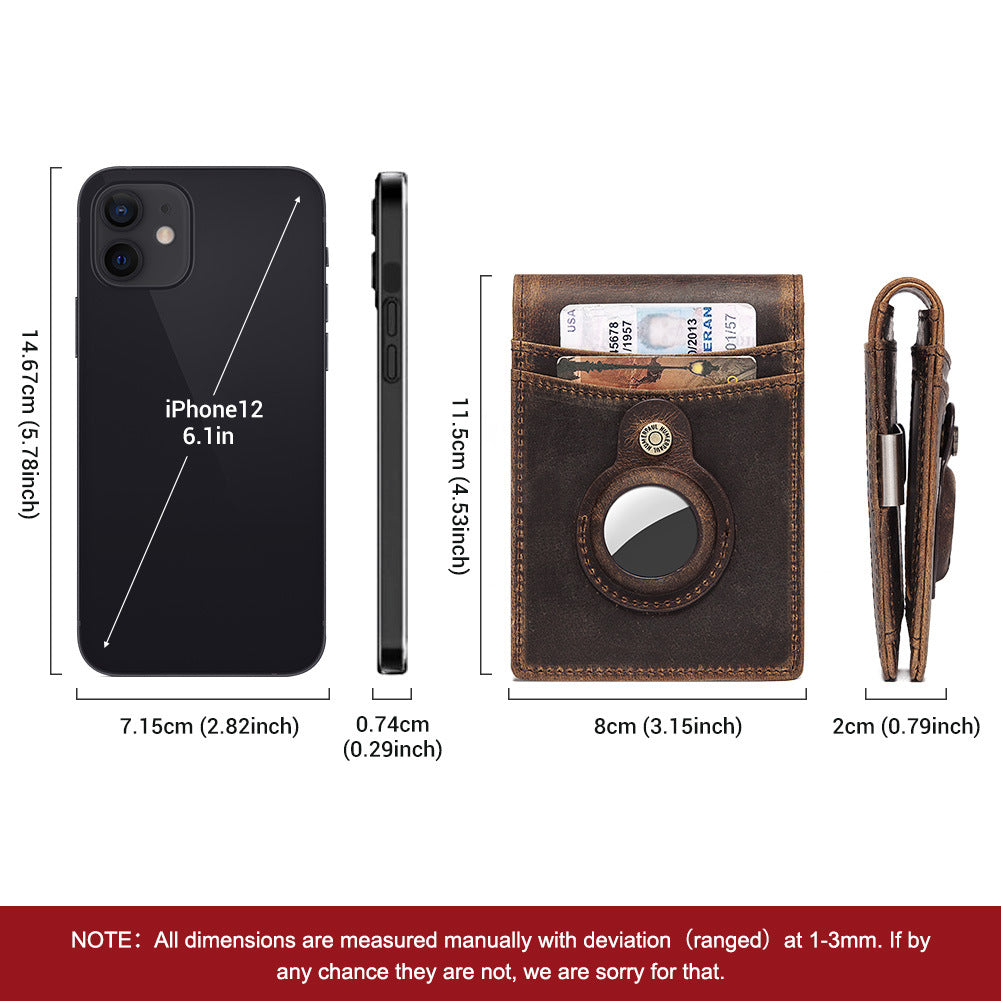 Anti-Magnetic Change Clip – Top Layer Cowhide Leather Dollar Clip, Airtag Compatible, Zipper, Business Style, Available in Black, Coffee, Brown