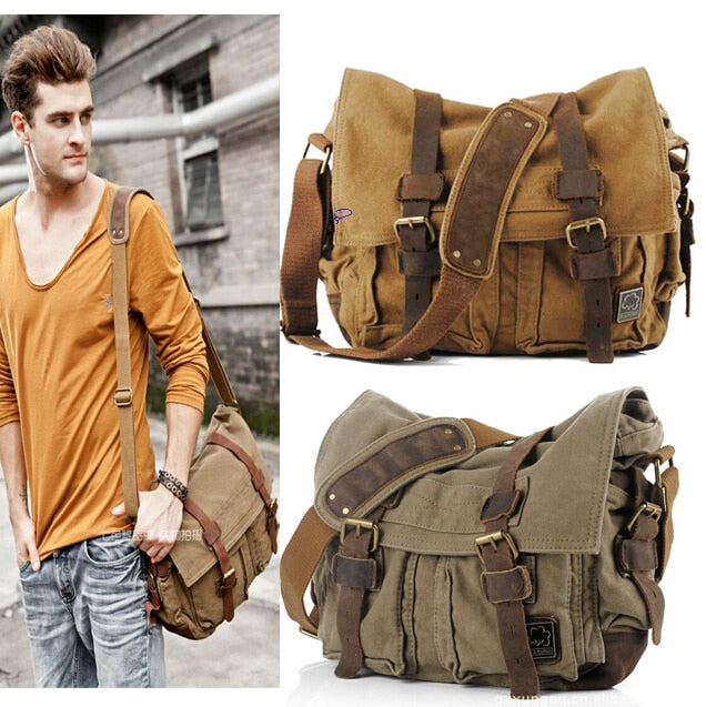 Men's Vintage Military-Style Canvas Messenger Bag – Durable Cotton Canvas, Leather Accents, Adjustable Crossbody Strap, 33×27×7 cm