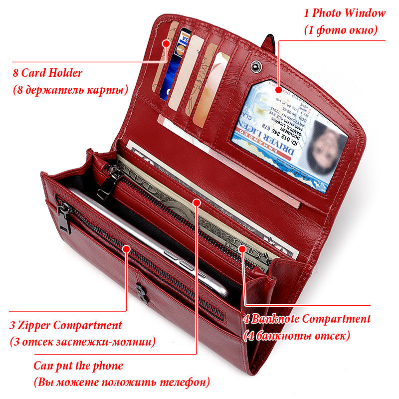 Ladies Leather RFID Long-Zipper Retro Wallet – Premium Cowhide, Multiple Card Slots & Passport Pocket (7.5″ x 4″)