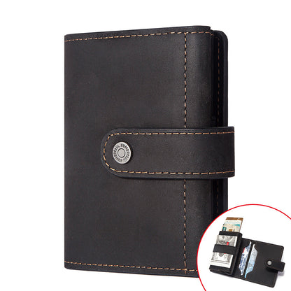 Coin Purse Metal Card Case – Leather Credit Card Holder, ID Sleeve, Zipper Buckle, Multiple Compartments, Retro European & American Style