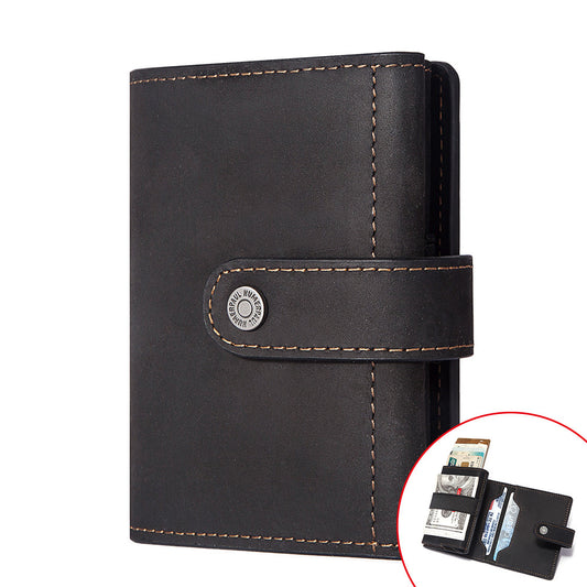 Coin Purse Metal Card Case – Leather Credit Card Holder, ID Sleeve, Zipper Buckle, Multiple Compartments, Retro European & American Style