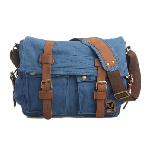 Men's Vintage Military-Style Canvas Messenger Bag – Durable Cotton Canvas, Leather Accents, Adjustable Crossbody Strap, 33×27×7 cm