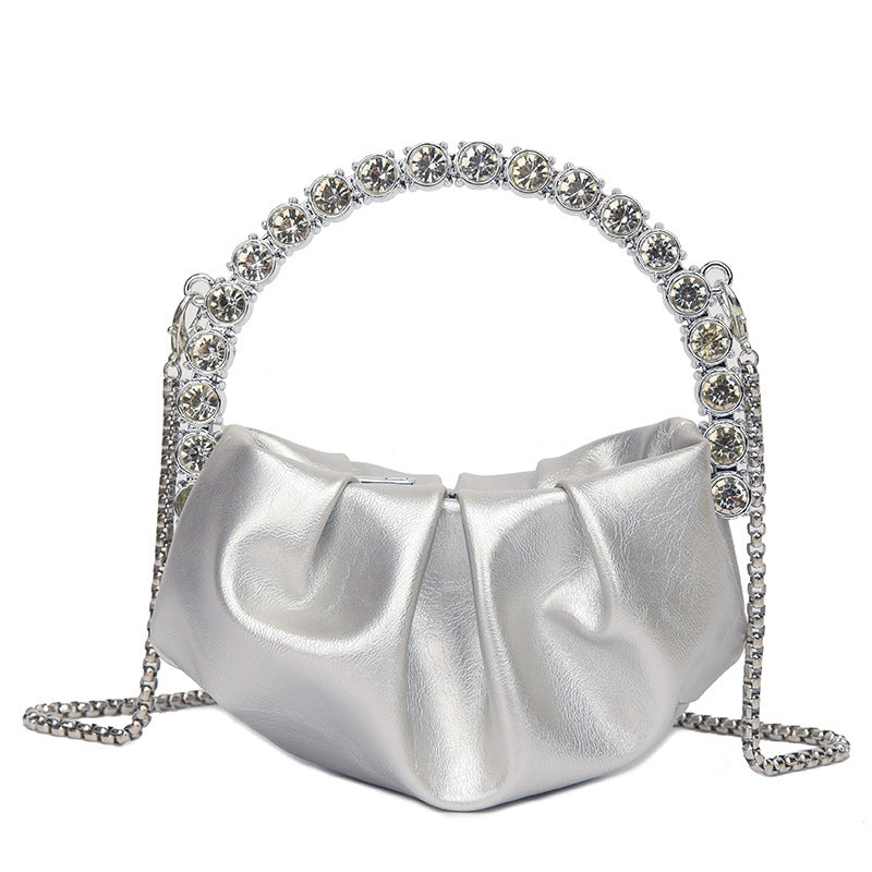 Round Diamond Clutch Bag – Rhinestone Evening Purse with Metal Handle