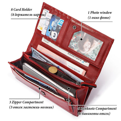 Anti-Theft Brushed Genuine Leather Ladies Wallet Top Layer Cowhide Long Women's Bag Multi-Card Card Holder Mobile Phone Bag Clutch Bag