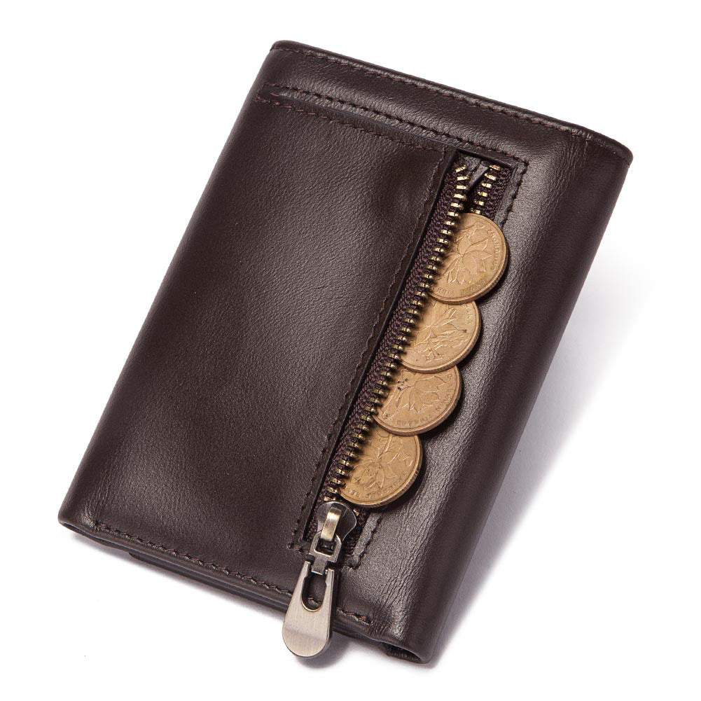 RFID‑Blocking Cowhide Leather Zipper Wallet – Multi‑Card Coin & Passport Organizer