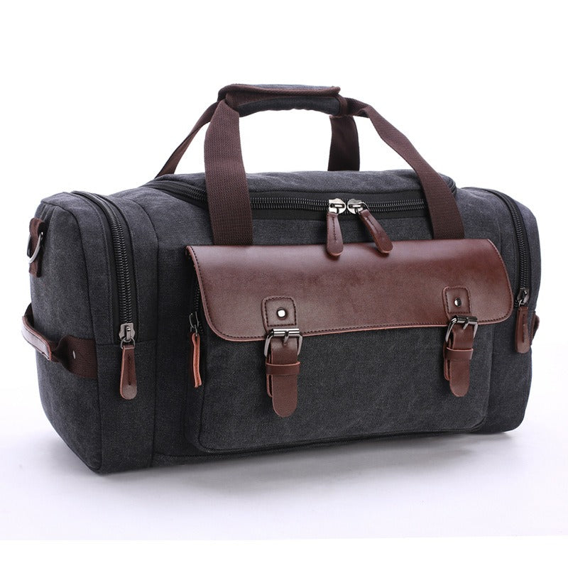 Vintage PU Leather & Canvas Duffle Bag – Large Capacity Travel Tote (46 × 25 × 23 cm), Zipper Closure