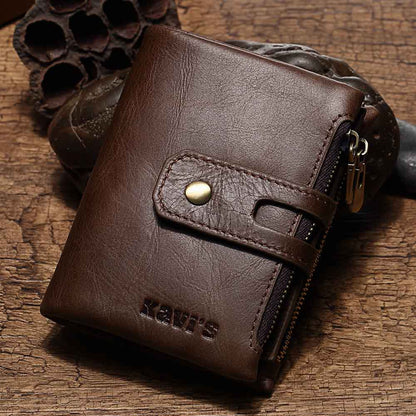 Leather Wallet KAVIS Fashion Short Men – Top Layer Cowhide, Zipper Buckle, 2-Fold Wallet, Retro Style, Available in Coffee Color