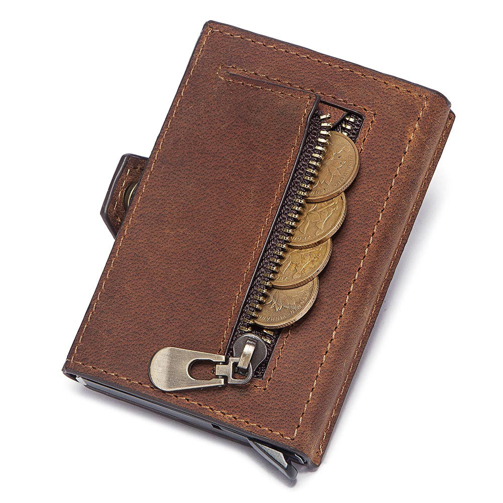 Leather Men Card Sleeve – Premium Cowhide Leather, Zipper Buckle, Multi-Compartment Wallet, Black, Coffee, Brown, Practical & Stylish