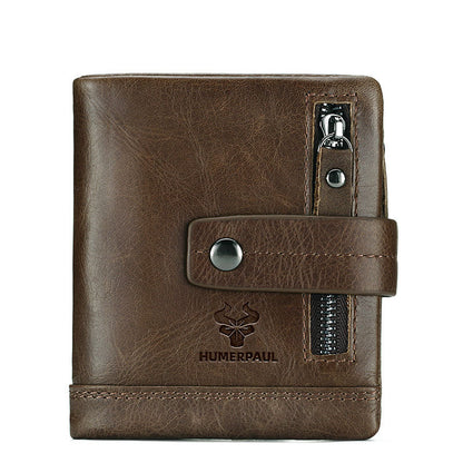 New Leather Wallet – Crazy Horse Leather Zipper Buckle, Multifunctional Clutch, Top Layer Cowhide, Retro Style, Available in Red, Black, Coffee, Brown