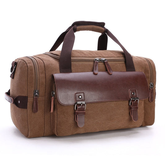 Vintage PU Leather & Canvas Duffle Bag – Large Capacity Travel Tote (46 × 25 × 23 cm), Zipper Closure