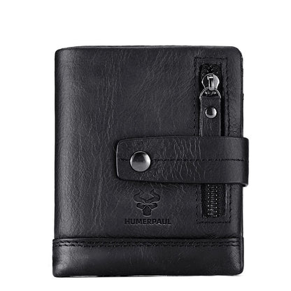 New Leather Wallet – Crazy Horse Leather Zipper Buckle, Multifunctional Clutch, Top Layer Cowhide, Retro Style, Available in Red, Black, Coffee, Brown