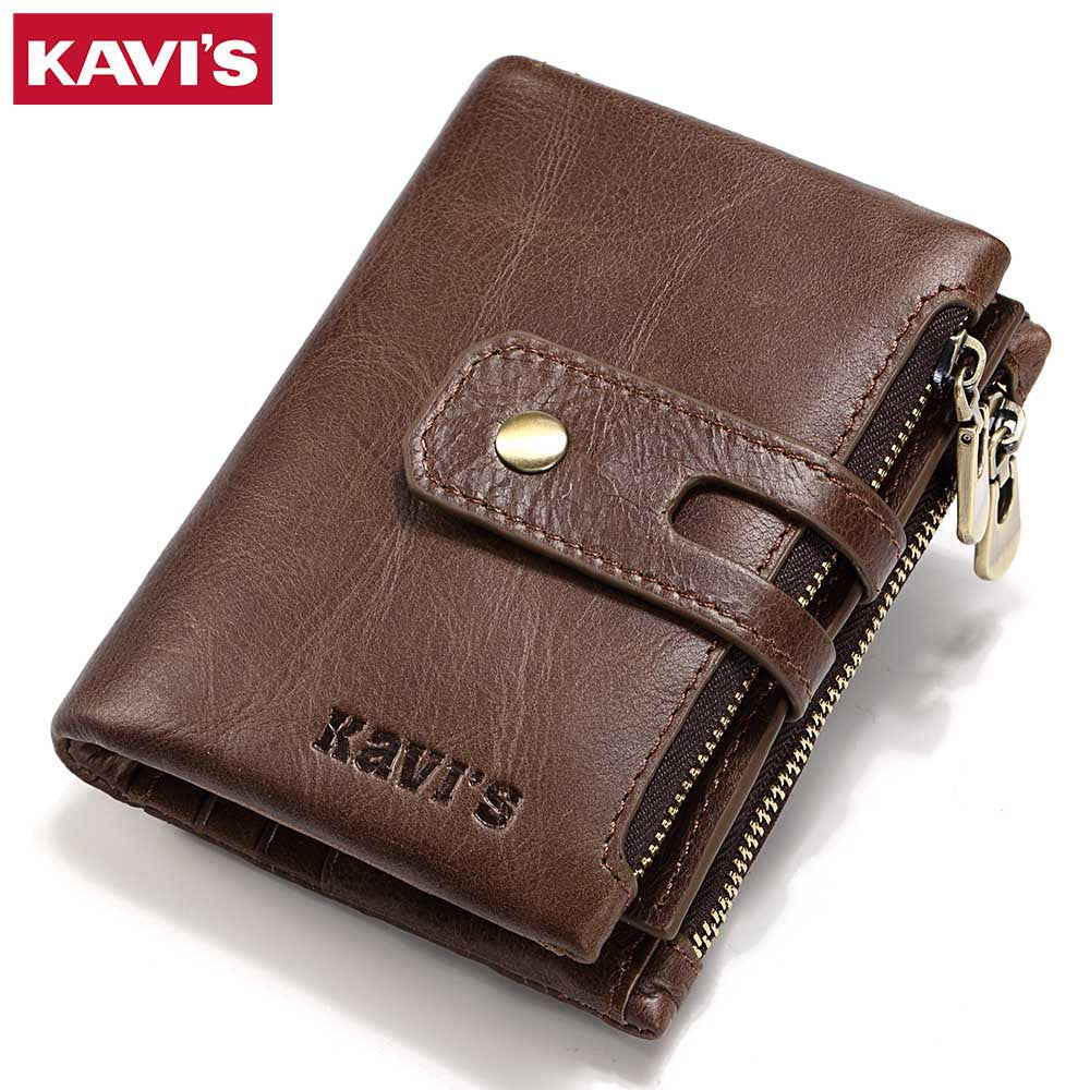 Leather Wallet KAVIS Fashion Short Men – Top Layer Cowhide, Zipper Buckle, 2-Fold Wallet, Retro Style, Available in Coffee Color