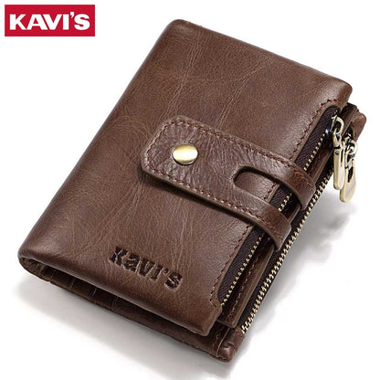 Leather Wallet KAVIS Fashion Short Men – Top Layer Cowhide, Zipper Buckle, 2-Fold Wallet, Retro Style, Available in Coffee Color