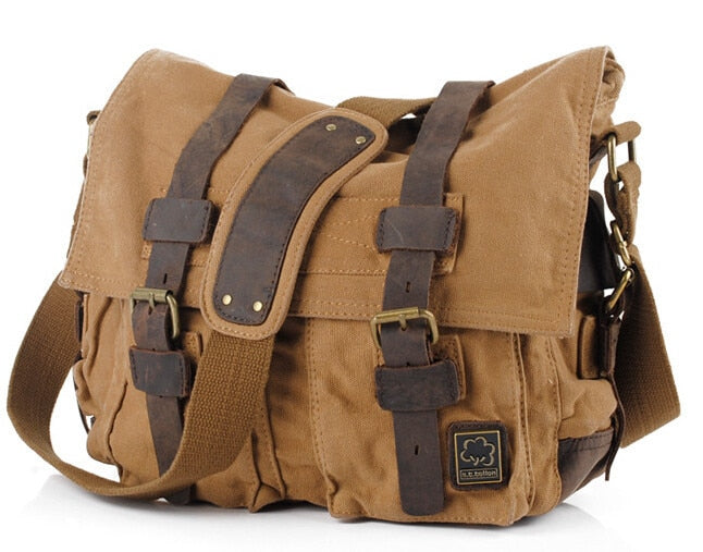 Men's Vintage Military-Style Canvas Messenger Bag – Durable Cotton Canvas, Leather Accents, Adjustable Crossbody Strap, 33×27×7 cm