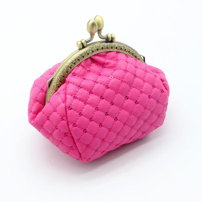 Sequin Zero Wallet – Diamond Grid Coin Bag, Small Lipstick Storage, Polyester Material, Chic Gold Mouth Clasp, Available in White, Blue, Pink, Rose Red
