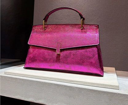 Snake Print Leather Shoulder & Tote Bag – Fashion Crossbody for Women, PU Leather, Gold & Dark Pink