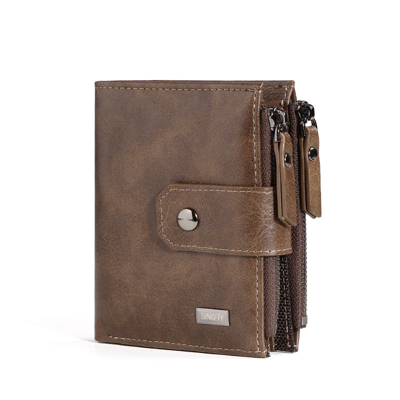 Anti-Theft Brush Business Leather Wallet – Thin, Short PU Leather, Retro Style, Multi-Function with Concealed Compartments & Rivets