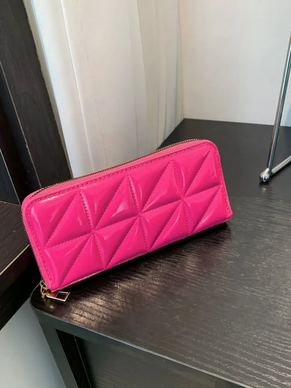 PU Leather Solid Color Wallet – Zipper Closure, Multiple Compartments, Stylish, Casual, Available in Black, Brown, White, Hot Pink