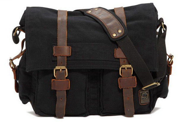 Men's Vintage Military-Style Canvas Messenger Bag – Durable Cotton Canvas, Leather Accents, Adjustable Crossbody Strap, 33×27×7 cm