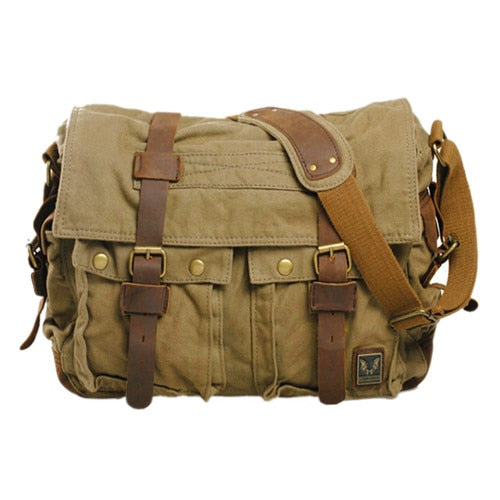 Men's Vintage Military-Style Canvas Messenger Bag – Durable Cotton Canvas, Leather Accents, Adjustable Crossbody Strap, 33×27×7 cm