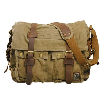 Men's Vintage Military-Style Canvas Messenger Bag – Durable Cotton Canvas, Leather Accents, Adjustable Crossbody Strap, 33×27×7 cm
