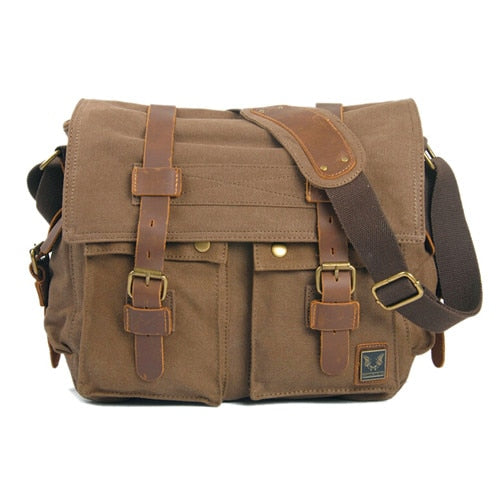 Men's Vintage Military-Style Canvas Messenger Bag – Durable Cotton Canvas, Leather Accents, Adjustable Crossbody Strap, 33×27×7 cm