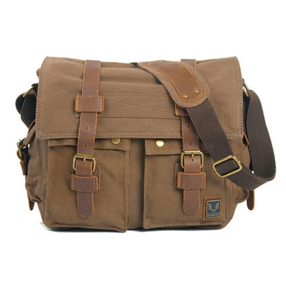 Men's Vintage Military-Style Canvas Messenger Bag – Durable Cotton Canvas, Leather Accents, Adjustable Crossbody Strap, 33×27×7 cm