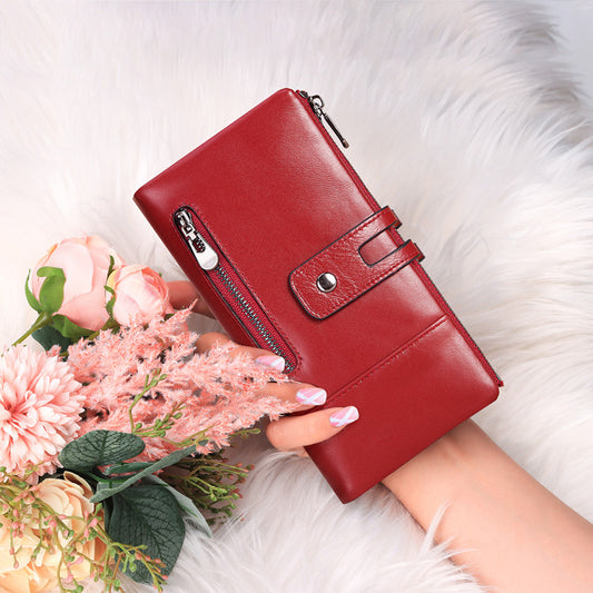 Fashion Ladies Wallet – First Layer Leather, Casual Long Phone Bag, Zipper Buckle, Multiple Compartments, Available in Red, Green, Black