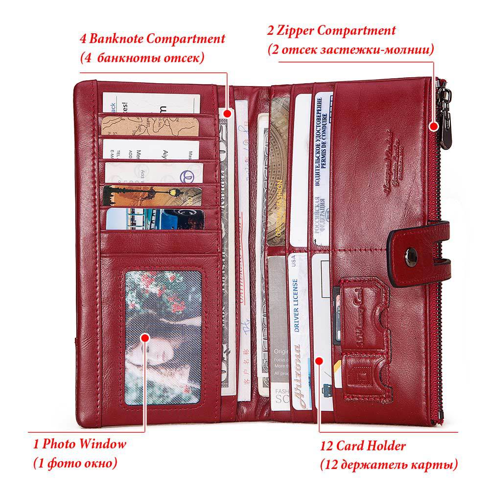 Fashion Ladies Wallet – First Layer Leather, Casual Long Phone Bag, Zipper Buckle, Multiple Compartments, Available in Red, Green, Black