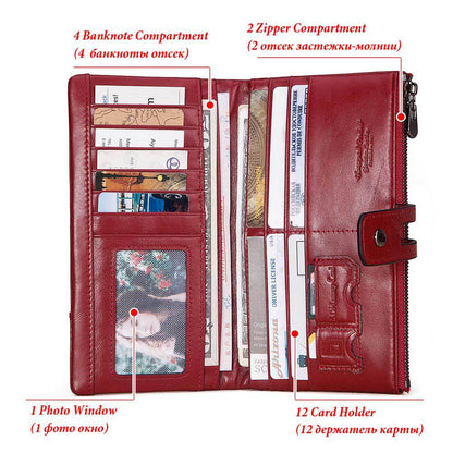 Fashion Ladies Wallet – First Layer Leather, Casual Long Phone Bag, Zipper Buckle, Multiple Compartments, Available in Red, Green, Black